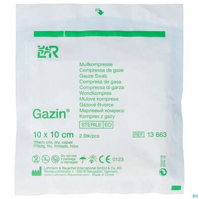 Sie sehen eine Packung Mullkompressen Gazin Baumw.17faedig Steril 16fach 10x10cm 2st, Produktbild: 01 Mullkompressen Gazin Baumw.17faedig Steril 16fach 10x10cm 2st, A-Nr.: 2570144 - 01