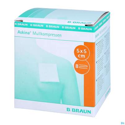 Sie sehen eine Packung Mullkompressen Askina 8fach Steril 5x 5cm 25x2 50st, Produktbild: 02 Mullkompressen Askina 8fach Steril 5x 5cm 25x2 50st, A-Nr.: 1778948 - 02