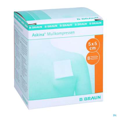 Sie sehen eine Packung Mullkompressen Askina 8fach Steril 5x 5cm 25x2 50st, Produktbild: 03 Mullkompressen Askina 8fach Steril 5x 5cm 25x2 50st, A-Nr.: 1778948 - 03