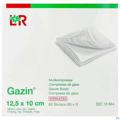 Sie sehen eine Packung Mullkompressen Gazin Baumw.17faedig Steril 16fach 12,5x10cm 30x2 60st, Produktbild: 01 Mullkompressen Gazin Baumw.17faedig Steril 16fach 12,5x10cm 30x2 60st, A-Nr.: 2384766 - 01