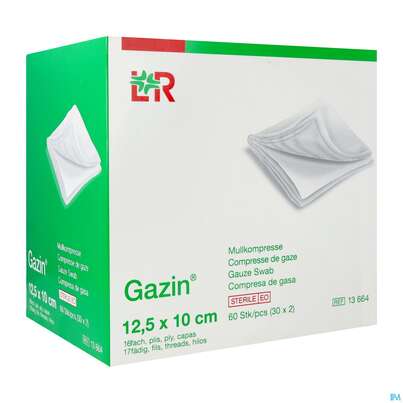 Sie sehen eine Packung Mullkompressen Gazin Baumw.17faedig Steril 16fach 12,5x10cm 30x2 60st, Produktbild: 02 Mullkompressen Gazin Baumw.17faedig Steril 16fach 12,5x10cm 30x2 60st, A-Nr.: 2384766 - 02