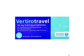 Sie sehen eine Packung Vertirotravel Sublingualtabl 50mg 4st, Produktbild: 01 Vertirotravel Sublingualtabl 50mg 4st, A-Nr.: 4963557 - 01