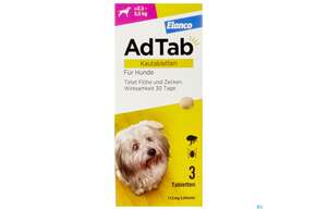 Sie sehen eine Packung Adtab F Hunde Kautabl 112mg (2,5-5,5kg) 3st, Produktbild: 01 Adtab F Hunde Kautabl 112mg (2,5-5,5kg) 3st, A-Nr.: 5530599 - 01