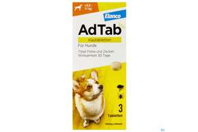 Sie sehen eine Packung Adtab F Hunde Kautabl 225mg (5,5-11kg) 3st, Produktbild: 01 Adtab F Hunde Kautabl 225mg (5,5-11kg) 3st, A-Nr.: 5530607 - 01