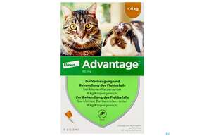 Sie sehen eine Packung Advantage lösung Z Auftragen Auf D.haut F Katzen U Zierkaninchen 40mg Kl.0,4ml Bis 4kg 4st, Produktbild: 01 Advantage lösung Z Auftragen Auf D.haut F Katzen U Zierkaninchen 40mg Kl.0,4ml Bis 4kg 4st, A-Nr.: 4472285 - 01