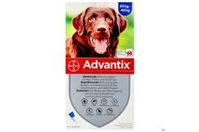 Sie sehen eine Packung Advantix Spot On F Hunde lösung Z.auftropfen Auf Die Haut Ueber 25kg 4,0ml 4st, Produktbild: 01 Advantix Spot On F Hunde lösung Z.auftropfen Auf Die Haut Ueber 25kg 4,0ml 4st, A-Nr.: 2454389 - 01