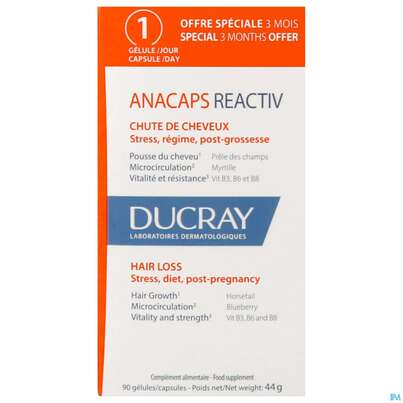 Sie sehen eine Packung Ducray Anacaps F.d.haar Haarausfall Kapseln Reaktiv23 90st, Produktbild: 04 Ducray Anacaps F.d.haar Haarausfall Kapseln Reaktiv23 90st, A-Nr.: 5744975 - 04