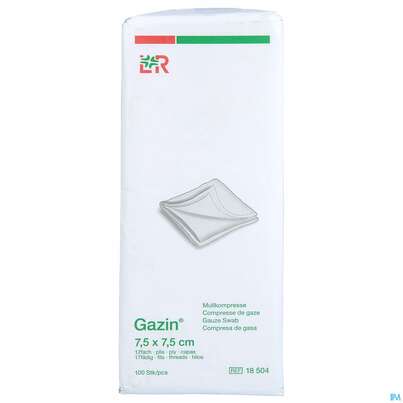 Sie sehen eine Packung Mullkompressen Gazin Baumw.17faedig Unsteril 12fach 7,5x 7,5cm 100st, Produktbild: 01 Mullkompressen Gazin Baumw.17faedig Unsteril 12fach 7,5x 7,5cm 100st, A-Nr.: 2386966 - 01