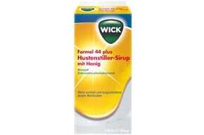 Sie sehen eine Packung WICK Formel 44 Hustenstiller-Sirup mit Honig, Produktbild: 01 WICK Formel 44 Hustenstiller-Sirup mit Honig, A-Nr.: 3514952 - 01