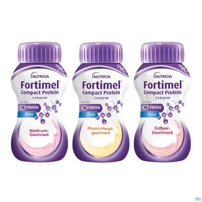 Sie sehen eine Packung Fortimel/compact/protein 125ml Vitalflasche Fruchtig Sortiert 24st, Produktbild: 01 Fortimel/compact/protein 125ml Vitalflasche Fruchtig Sortiert 24st, A-Nr.: 4803339 - 01