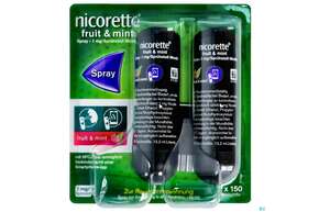 Sie sehen eine Packung Nicorette Spray 1mg/spruehstoss Z.anw.i.d.mundhoehle lösung Fruit & Mint Nfc 2st, Produktbild: 01 Nicorette Spray 1mg/spruehstoss Z.anw.i.d.mundhoehle lösung Fruit & Mint Nfc 2st, A-Nr.: 5510272 - 01