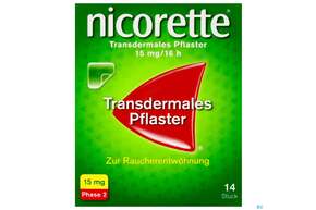 Sie sehen eine Packung Nicorette Transdermales Pflaster 15mg/16h 14st, Produktbild: 01 Nicorette Transdermales Pflaster 15mg/16h 14st, A-Nr.: 3537433 - 01