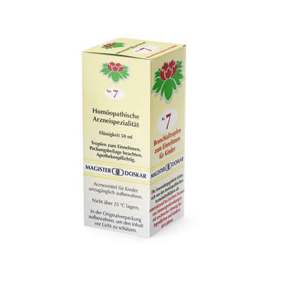 Sie sehen eine Packung Magister Doskar Nr. 7 Bronchialtropfen zum Einnehmen für Kinder, Produktbild: 05 Magister Doskar Nr. 7 Bronchialtropfen zum Einnehmen für Kinder, A-Nr.: 0685015 - 05