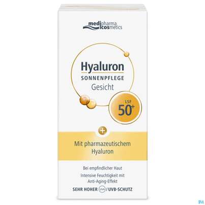 Sie sehen eine Packung Sonnenprodukte Hyaluron Sonnenpflege Gesicht Lsf50+ 50ml, Produktbild: 04 Sonnenprodukte Hyaluron Sonnenpflege Gesicht Lsf50+ 50ml, A-Nr.: 4624281 - 04