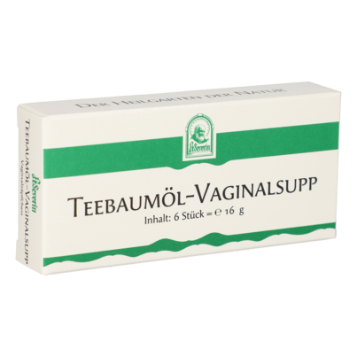 Sie sehen eine Packung TEEBAUMÖL VAGINALSUPPOSITORIEN ST. SEVERIN 6 ST, Produktbild: 01 TEEBAUMÖL VAGINALSUPPOSITORIEN ST. SEVERIN 6 ST, A-Nr.: 2983188 - 01