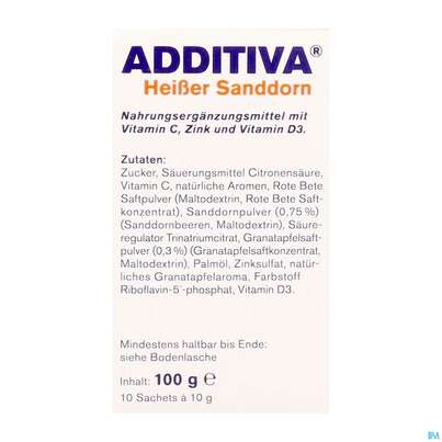 Sie sehen eine Packung Additiva Pulver Heisser Sanddorn Granatapfel 10st, Produktbild: 09 Additiva Pulver Heisser Sanddorn Granatapfel 10st, A-Nr.: 5810146 - 09