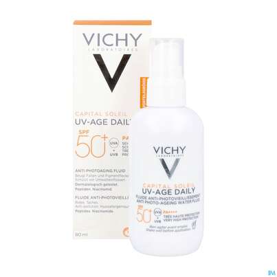 Sie sehen eine Packung Sonnenprodukte Vichy/capital Soleil Uv-age Daily Lsf 50+ 80ml, Produktbild: 12 Sonnenprodukte Vichy/capital Soleil Uv-age Daily Lsf 50+ 80ml, A-Nr.: 5893356 - 12