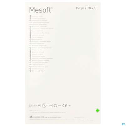 Sie sehen eine Packung Vlieskompressen Mesoft/set Steril 10x 10cm 150st (30x5), Produktbild: 03 Vlieskompressen Mesoft/set Steril 10x 10cm 150st (30x5), A-Nr.: 1652331 - 03