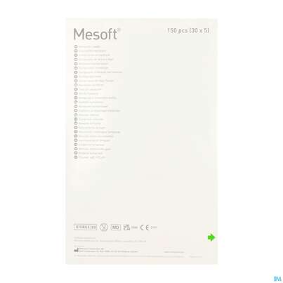 Sie sehen eine Packung Vlieskompressen Mesoft/set Steril 10x 10cm 150st (30x5), Produktbild: 06 Vlieskompressen Mesoft/set Steril 10x 10cm 150st (30x5), A-Nr.: 1652331 - 06