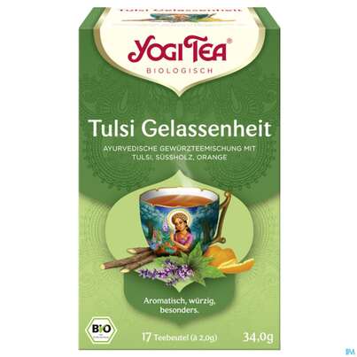 Sie sehen eine Packung Yogi Tea Bio Tulsi Gelassenheit 34g 17st, Produktbild: 02 Yogi Tea Bio Tulsi Gelassenheit 34g 17st, A-Nr.: 5879422 - 02