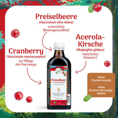 Sie sehen eine Packung Preiselbeersaft-Konzentrat 1:30 250ml, Produktbild: 02 Preiselbeersaft-Konzentrat 1:30 250ml, A-Nr.: 3063142 - 02