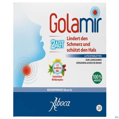 Sie sehen eine Packung Aboca Golamir 2act Lutschtabl Ab 6 Jahren Halsschmerzen 20st, Produktbild: 01 Aboca Golamir 2act Lutschtabl Ab 6 Jahren Halsschmerzen 20st, A-Nr.: 5571888 - 01
