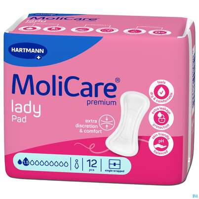 Sie sehen eine Packung Inkontinenz Molicare Premium/lady Pad Tropfen 1,5 P12 12st, Produktbild: 02 Inkontinenz Molicare Premium/lady Pad Tropfen 1,5 P12 12st, A-Nr.: 5933989 - 02