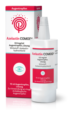 Sie sehen eine Packung Azelastin COMOD® 0,5mg/ml Augentropfen, Produktbild: 01 Azelastin COMOD® 0,5mg/ml Augentropfen, A-Nr.: 4205466 - 01