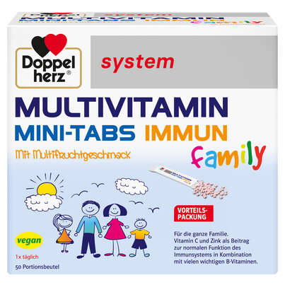 Sie sehen eine Packung Doppelherz system MULTIVITAMIN MINI-TABS family - Mit Multifruchtgeschmack, Produktbild: 01 Doppelherz system MULTIVITAMIN MINI-TABS family - Mit Multifruchtgeschmack, A-Nr.: 6001934 - 01