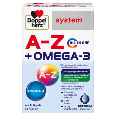 Sie sehen eine Packung Doppelherz system A-Z + OMEGA-3 mit 19 ausgewählten Vitaminen und Mineralstoffen, Produktbild: 01 Doppelherz system A-Z + OMEGA-3 mit 19 ausgewählten Vitaminen und Mineralstoffen, A-Nr.: 5721017 - 01