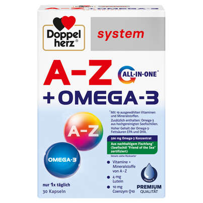 Sie sehen eine Packung Doppelherz system A-Z + OMEGA-3 mit 19 ausgewählten Vitaminen und Mineralstoffen, Produktbild: 01 Doppelherz system A-Z + OMEGA-3 mit 19 ausgewählten Vitaminen und Mineralstoffen, A-Nr.: 5721000 - 01