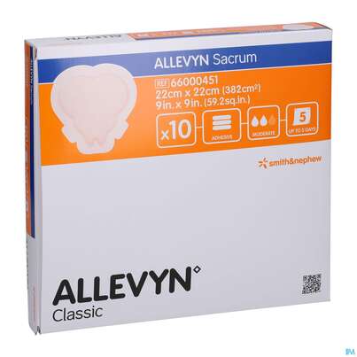 Sie sehen eine Packung Wundverband Allevyn/sacrum 22x 22cm 10st, Produktbild: 03 Wundverband Allevyn/sacrum 22x 22cm 10st, A-Nr.: 2203730 - 03