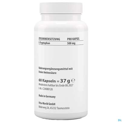 Sie sehen eine Packung L-tryptophan Kapseln 500mg -naturheilp. 60st, Produktbild: 03 L-tryptophan Kapseln 500mg -naturheilp. 60st, A-Nr.: 4846596 - 03