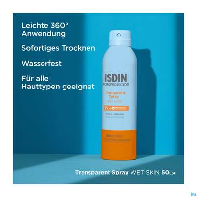 Sie sehen eine Packung Sonnenprodukte Isdin/fotoprotection Wet Skin Spray Lsf 50 250ml, Produktbild: 03 Sonnenprodukte Isdin/fotoprotection Wet Skin Spray Lsf 50 250ml, A-Nr.: 5608048 - 03