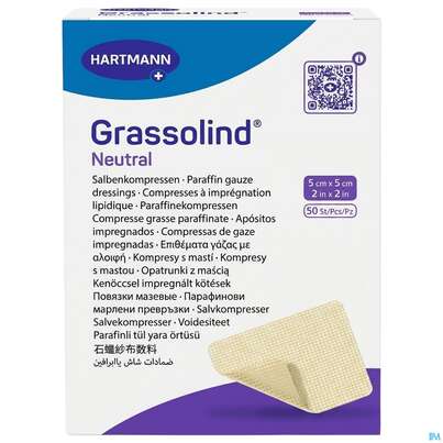Sie sehen eine Packung Kompressen Grassolind Neutral Salbenkompresse Steril 5x 5cm 50st, Produktbild: 02 Kompressen Grassolind Neutral Salbenkompresse Steril 5x 5cm 50st, A-Nr.: 2368201 - 02