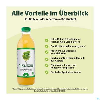 Sie sehen eine Packung Aloe Vera Gel Saft Bio Dr.jacobs 1000ml, Produktbild: 04 Aloe Vera Gel Saft Bio Dr.jacobs 1000ml, A-Nr.: 4876947 - 04