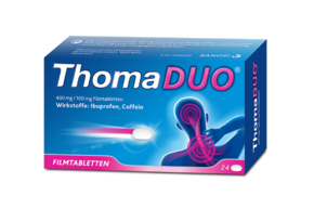 Sie sehen eine Packung ThomaDUO® 400 mg/100 mg Filmtabletten, Produktbild: 01 ThomaDUO® 400 mg/100 mg Filmtabletten, A-Nr.: 4480534 - 01