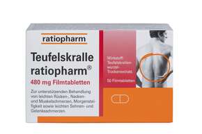 Sie sehen eine Packung Teufelskralle ratiopharm® 480 mg Filmtabletten, Produktbild: 01 Teufelskralle ratiopharm® 480 mg Filmtabletten, A-Nr.: 3920907 - 01