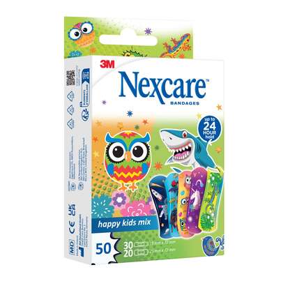 Sie sehen eine Packung Nexcare™ Happy Kids Mix Plasters, assortiert, 50/Packung, Produktbild: 01 Nexcare™ Happy Kids Mix Plasters, assortiert, 50/Packung, A-Nr.: 5680790 - 01