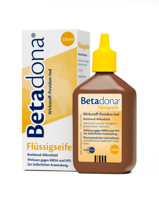 Sie sehen eine Packung Betadona® Flüssigseife 120 ml, Produktbild: 01 Betadona® Flüssigseife 120 ml, A-Nr.: 4465569 - 01