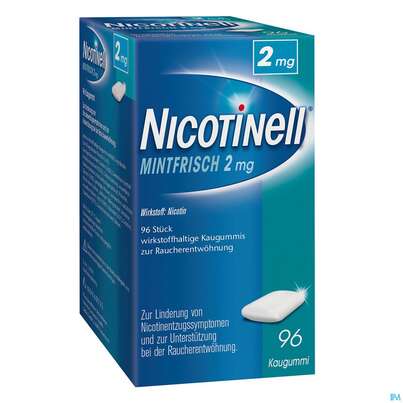 Sie sehen eine Packung Nicotinell Wirkstoffhaltige Kaugummis Z.raucherentwoehnung Mintfrisch 2mg 96st, Produktbild: 05 Nicotinell Wirkstoffhaltige Kaugummis Z.raucherentwoehnung Mintfrisch 2mg 96st, A-Nr.: 1319910 - 05