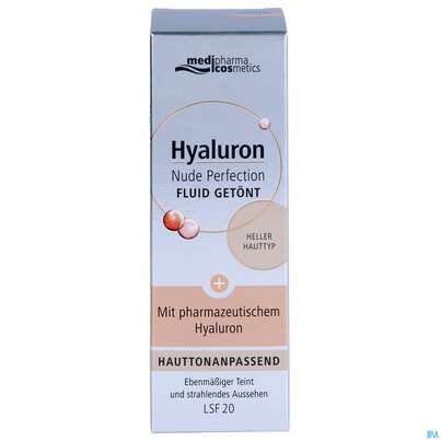 Sie sehen eine Packung Hyaluron Nude Perfection Getoentes Fluid Heller Typ Lsf20 50ml, Produktbild: 01 Hyaluron Nude Perfection Getoentes Fluid Heller Typ Lsf20 50ml, A-Nr.: 4914702 - 01