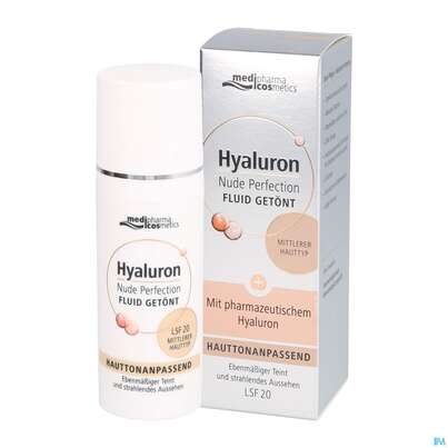 Sie sehen eine Packung Hyaluron Nude Perfection Getoentes Fluid Mittlerer Typ Lsf 20 50ml, Produktbild: 06 Hyaluron Nude Perfection Getoentes Fluid Mittlerer Typ Lsf 20 50ml, A-Nr.: 4914719 - 06
