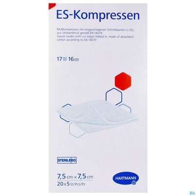 Sie sehen eine Packung Mullkompressen-es Hartmann/steril 16fach 17faedig 7,5x 7,5cm 20x5 100st, Produktbild: 01 Mullkompressen-es Hartmann/steril 16fach 17faedig 7,5x 7,5cm 20x5 100st, A-Nr.: 3062674 - 01