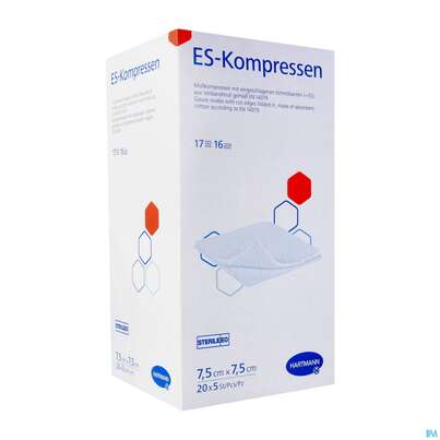 Sie sehen eine Packung Mullkompressen-es Hartmann/steril 16fach 17faedig 7,5x 7,5cm 20x5 100st, Produktbild: 02 Mullkompressen-es Hartmann/steril 16fach 17faedig 7,5x 7,5cm 20x5 100st, A-Nr.: 3062674 - 02