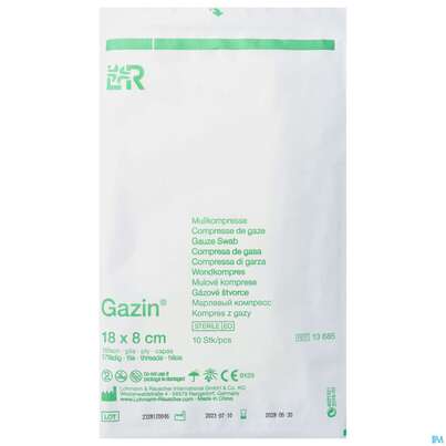 Sie sehen eine Packung Mullkompressen Gazin Baumw.17faedig Steril 16fach 18x 8cm 10st, Produktbild: 01 Mullkompressen Gazin Baumw.17faedig Steril 16fach 18x 8cm 10st, A-Nr.: 2570204 - 01