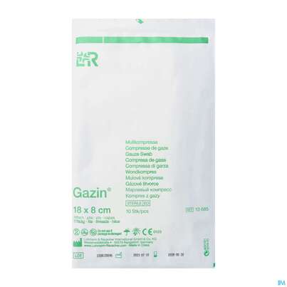 Sie sehen eine Packung Mullkompressen Gazin Baumw.17faedig Steril 16fach 18x 8cm 10st, Produktbild: 02 Mullkompressen Gazin Baumw.17faedig Steril 16fach 18x 8cm 10st, A-Nr.: 2570204 - 02