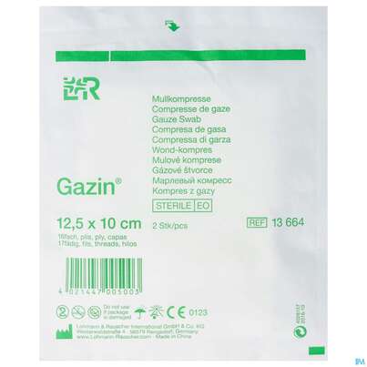 Sie sehen eine Packung Mullkompressen Gazin Baumw.17faedig Steril 16fach 12,5x10cm 2st, Produktbild: 01 Mullkompressen Gazin Baumw.17faedig Steril 16fach 12,5x10cm 2st, A-Nr.: 2570150 - 01