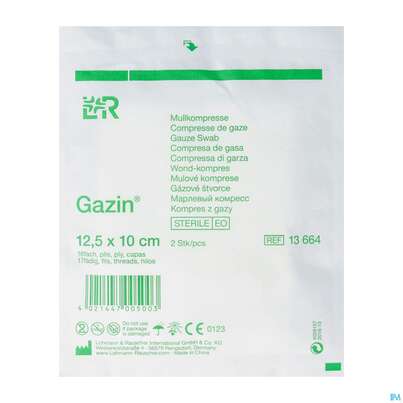 Sie sehen eine Packung Mullkompressen Gazin Baumw.17faedig Steril 16fach 12,5x10cm 2st, Produktbild: 02 Mullkompressen Gazin Baumw.17faedig Steril 16fach 12,5x10cm 2st, A-Nr.: 2570150 - 02